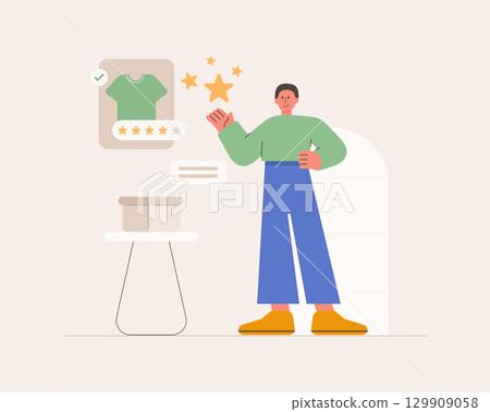 Flat vector illustration of a man providing feedback and review to an online shop, e-commerce concept. Vector flat cartoon style. Flat vector illustration of a man providing feedback and review to an online shop, e-commerce concept. Vector flat cartoon style. 129909058