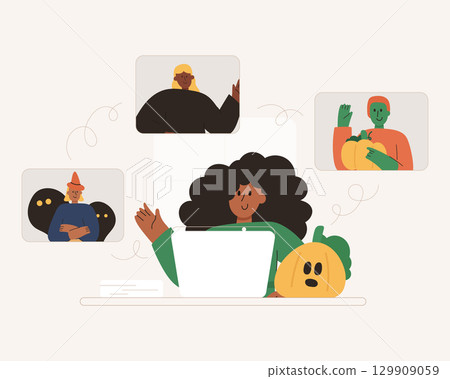 Office team wearing halloween costumes in online video conference meeting. Spooky business meeting concept. Halloween festive party. 129909059