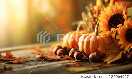 Autumn harvest display featuring vibrant pumpkins, sunflowers, and colorful leaves on rustic wooden table, capturing seasonal warmth and beauty 129909097