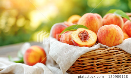 Fresh peaches in a woven basket with soft fabric, surrounded by vibrant greenery, showcasing the essence of summer harvest and natural beauty 129909118