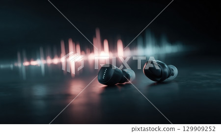 Wireless Earbuds Emit Glowing Audio Waves in a Minimal Dark Environment Showcasing Modern Technology 129909252
