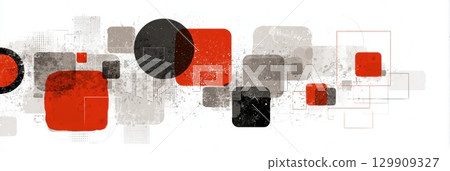 Abstract Design Featuring Geometric Shapes in Red, Black, and Gray on a White Background Creating a Modern Artistic Composition 129909327