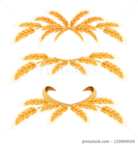Set Wreath border from spikelets, golden color wheat horizontal frame in cartoon style isolated on white background. For bakery, tags or labels 129909509