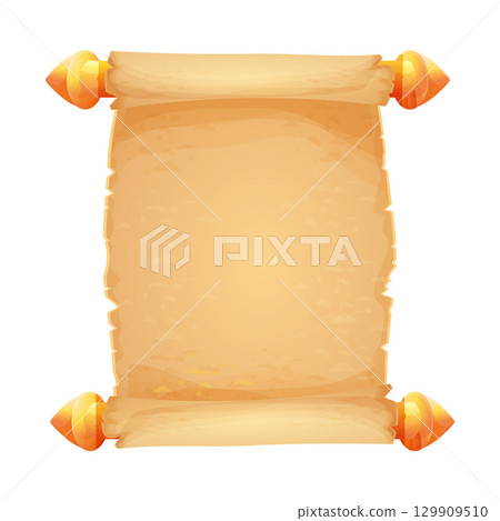 Parchment Scroll, antique paper with golden handles, empty sheet, document textured, aged in cartoon style isolated on white background. 129909510