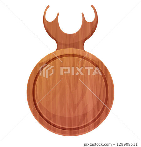 Cutting board wooden circle chopping desk with horns top view in cartoon style isolated on white background. Wood shield, menu mockup Cutting board wooden circle chopping desk with horns top view in cartoon style isolated on white background. Wood shield, menu mockup 129909511