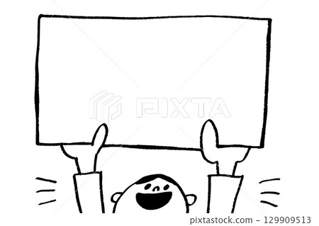 黑白線條畫人物舉著白板的簡單插圖。 黑白線條畫人物舉著白板的簡單插圖。 129909513