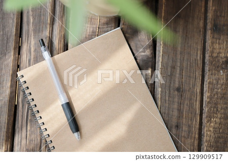 A potted plant and a ballpoint pen in a spiral notebook 129909517