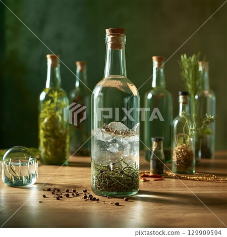 Transparent Plastic Spray Bottle with Garlic Infused Water on Wooden Surface 129909594