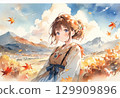 Autumn leaves mountain and woman (watercolor style) 129909896