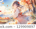 Autumn leaves mountain and woman (watercolor style) 129909897
