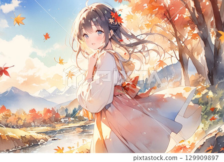 秋葉山和女人（水彩風格） 129909897