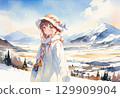 Snowy mountain and woman (watercolor style) 129909904