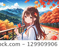 Autumn leaves mountain and woman 129909906