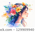 帶有花卉裝飾的女性側面像，水彩畫 129909940
