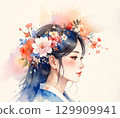帶有花髮飾的女性側面像，日式水彩畫 129909941