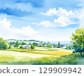 一幅水彩畫，描繪了藍天和房屋組成的寧靜的鄉村風景 129909942