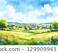 里山村、鮮花和廣闊草地的水彩畫 129909943