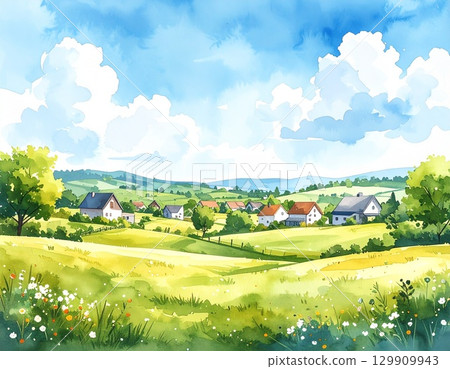 里山村、鮮花和廣闊草地的水彩畫 里山村、鮮花和廣闊草地的水彩畫 129909943