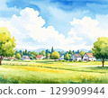 水彩畫，描繪了清爽的天空、大朵白雲和鄉村的夏日 129909944