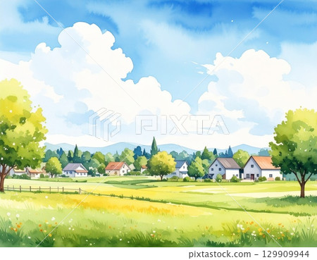 水彩畫，描繪了清爽的天空、大朵白雲和鄉村的夏日 129909944
