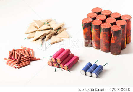 Set of different types of firecrackers and circoblits on a white background. Fireworks Explosion Safety Set of different types of firecrackers and circoblits on a white background. Fireworks Explosion Safety 129910038