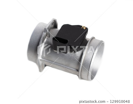 New mass air flow sensor on white background, isolate. Automotive spare part concept, close-up, technology 129910048
