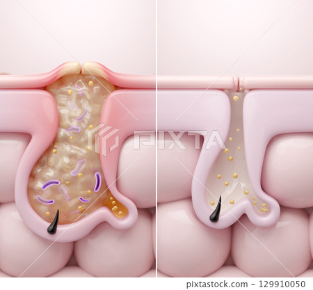CG illustration of before and after suppurating yellow acne and normal pores 129910050