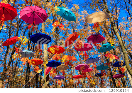 Multicolored umbrellas on the autumn park. Colorful umbrellas hanging among trees in the fall 129910134