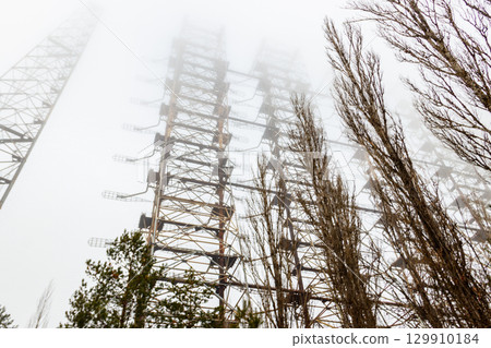 Duga, a Soviet over-the-horizon (OTH) radar system as part of the Soviet anti-ballistic missile early-warning network, in Chernobyl Exclusion Zone in Ukraine 129910184