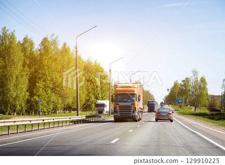 A modern truck transports cargo along a country road against the backdrop of beautiful nature and forest. Freight exchange. Transport and logistics company. Sunny weather. Copy space for text 129910225