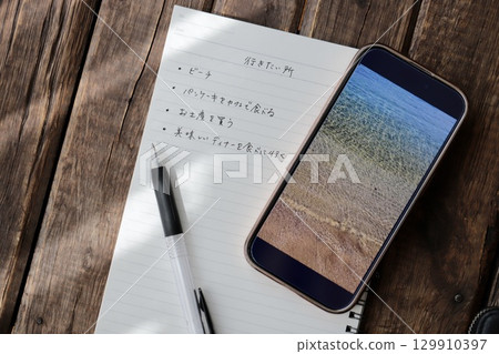旅遊計畫圖片：智慧型手機和記事本 129910397