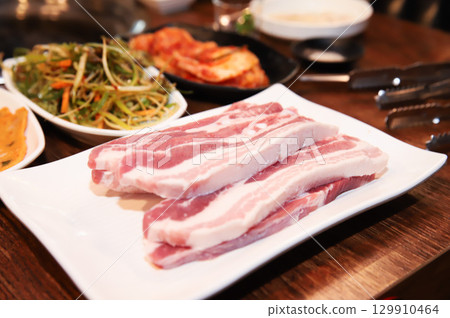 Korean pork barbecue. raw pork belly Korean pork barbecue. raw pork belly 129910464