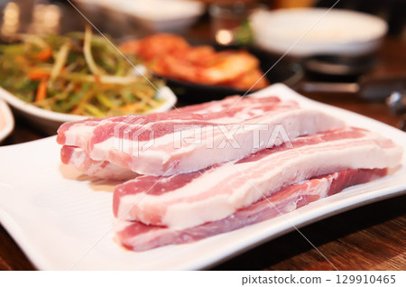 Korean pork barbecue. raw pork belly Korean pork barbecue. raw pork belly 129910465