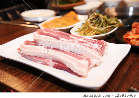 Korean pork barbecue. raw pork belly Korean pork barbecue. raw pork belly 129910469