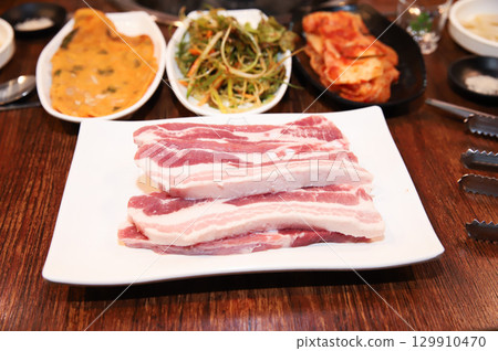 Korean pork barbecue. raw pork belly Korean pork barbecue. raw pork belly 129910470