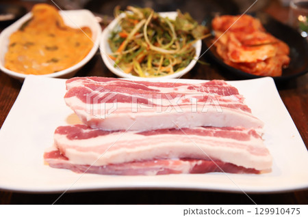 Korean pork barbecue. raw pork belly Korean pork barbecue. raw pork belly 129910475
