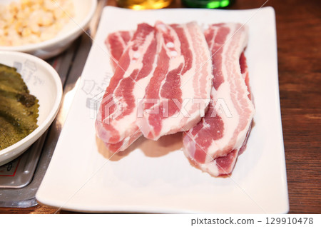 Korean pork barbecue. raw pork belly Korean pork barbecue. raw pork belly 129910478