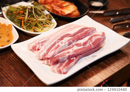 Korean pork barbecue. raw pork belly Korean pork barbecue. raw pork belly 129910480