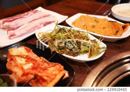 Korean pork barbecue. raw pork belly Korean pork barbecue. raw pork belly 129910485