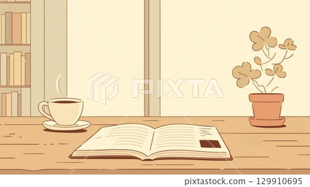 A potted clover, coffee, and books on a windowsill illustration 129910695