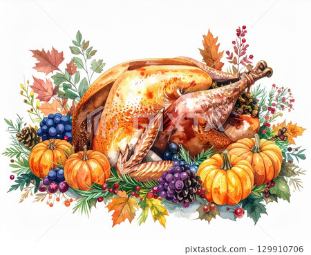 Roasted Turkey with Pumpkins and Autumn Leaves in Watercolor Style Illustration 129910706
