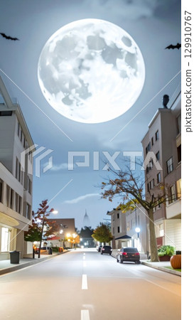 Quiet Street Under Full Moon on Halloween Evening with Buildings And Glowing Streetlights 129910767