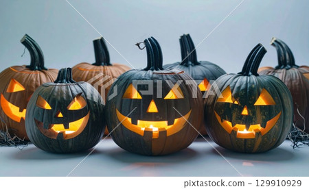 Illuminated Carved Pumpkins Displayed on a Table in Halloween Night Party Decoration 129910929