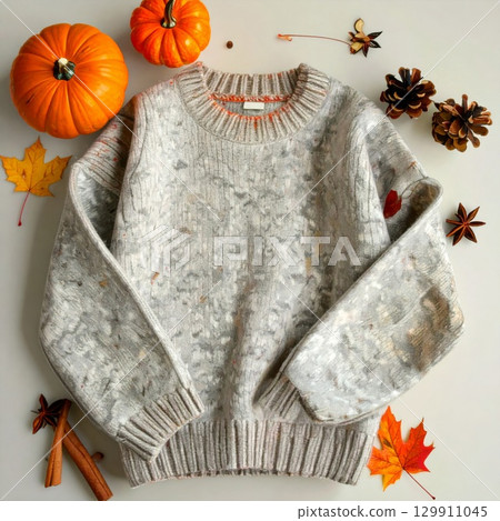 Gray Knit Sweater with Pumpkins Cinnamon and Autumn Leaves in Cozy Fall Arrangement 129911045