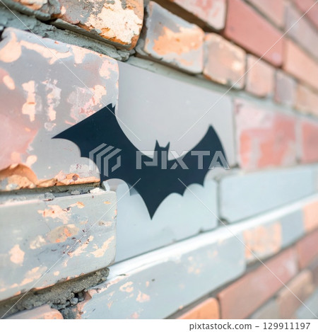 Black Bat Silhouette on a Brick Wall in an Urban Outdoor Setting Closeup 129911197