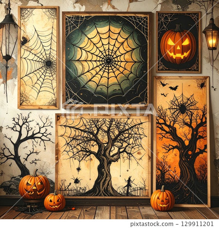 Halloween Themed Pixel Art with Pumpkins Spiderwebs and Bare Trees in Rustic Style 129911201