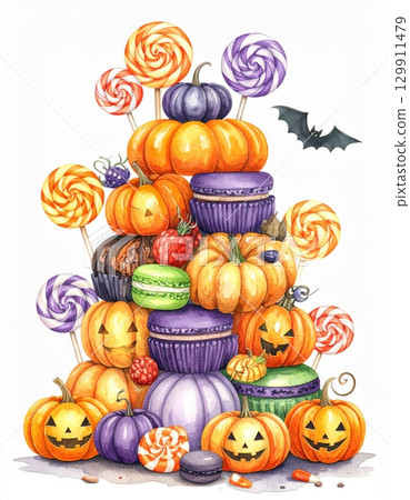 Cheerful Halloween Treats Stacked High with Pumpkins Lollipops Macarons and a Bat 129911479
