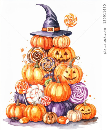 Watercolor Halloween Scene with Pumpkins Candies and Purple Witch Hat Illustration 129911480
