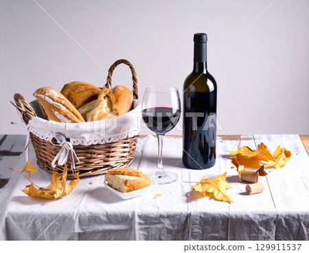 Rustic Still Life with Red Wine Bread and Autumn Leaves on White Tablecloth 129911537