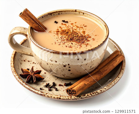 Creamy Masala Chai Tea with Cinnamon and Spices on White Background 129911571